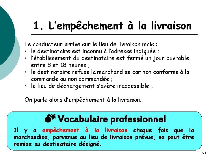 1. L’empêchement à la livraison Le conducteur arrive sur le lieu de livraison mais