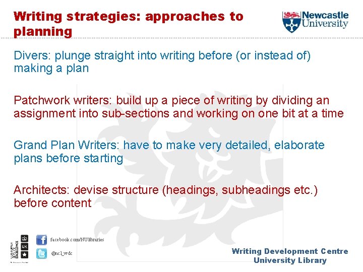 Writing strategies: approaches to planning Divers: plunge straight into writing before (or instead of)