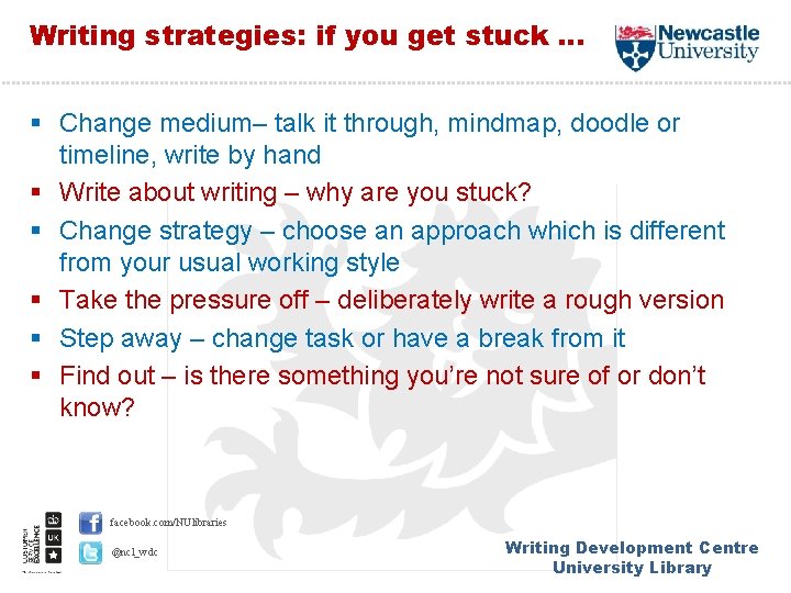 Writing strategies: if you get stuck … § Change medium– talk it through, mindmap,