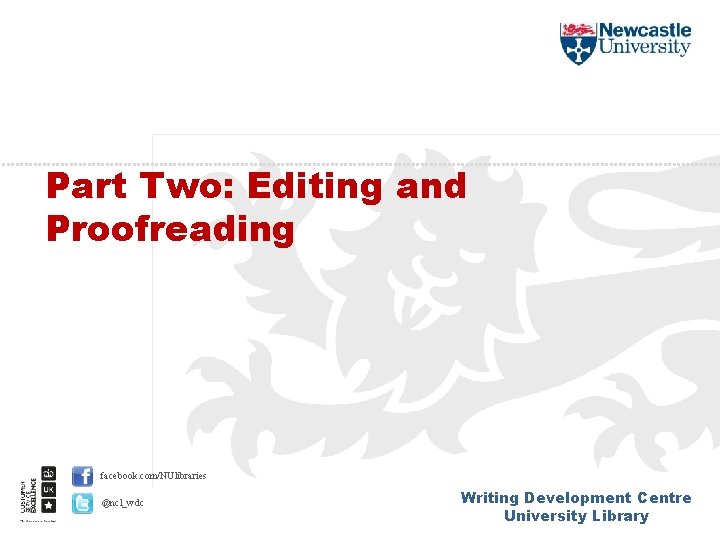 Part Two: Editing and Proofreading facebook. com/NUlibraries @ncl_wdc Writing Development Centre University Library 