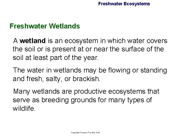 Freshwater Ecosystems Freshwater Wetlands A wetland is an ecosystem in which water covers the