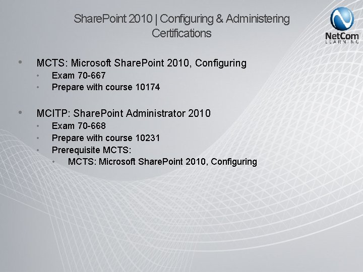 Share. Point 2010 | Configuring & Administering Certifications • MCTS: Microsoft Share. Point 2010,