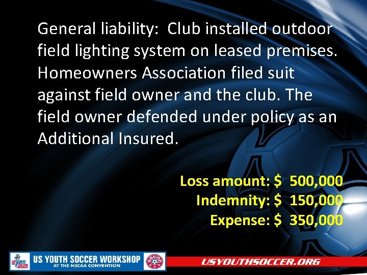 General liability: Club installed outdoor field lighting system on leased premises. Homeowners Association filed