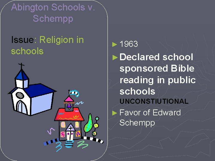 Abington Schools v. Schempp Issue: Religion in schools ► 1963 ► Declared school sponsored