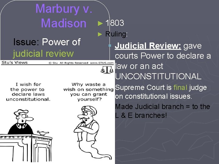 Marbury v. Madison Issue: Power of judicial review ► 1803 ► Ruling: § Judicial