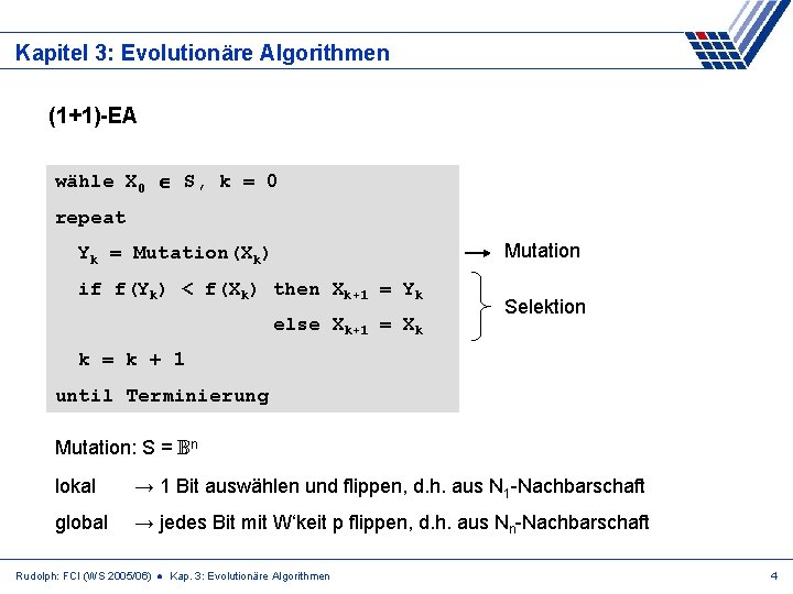 Kapitel 3: Evolutionäre Algorithmen (1+1)-EA wähle X 0 S, k = 0 repeat Mutation