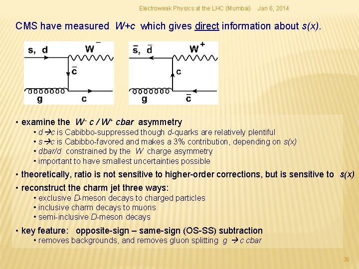 Electroweak Physics at the LHC (Mumbai) Jan 6, 2014 CMS have measured W+c which Electroweak Physics at the LHC (Mumbai) Jan 6, 2014 CMS have measured W+c which