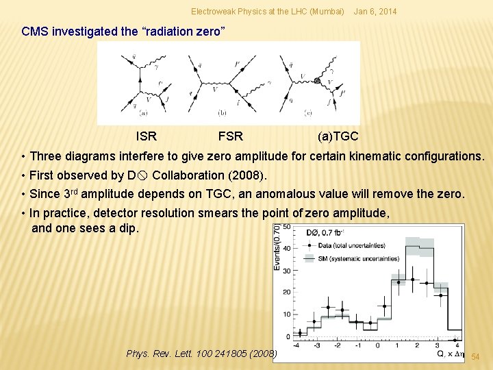 Electroweak Physics at the LHC (Mumbai) Jan 6, 2014 CMS investigated the “radiation zero” Electroweak Physics at the LHC (Mumbai) Jan 6, 2014 CMS investigated the “radiation zero”