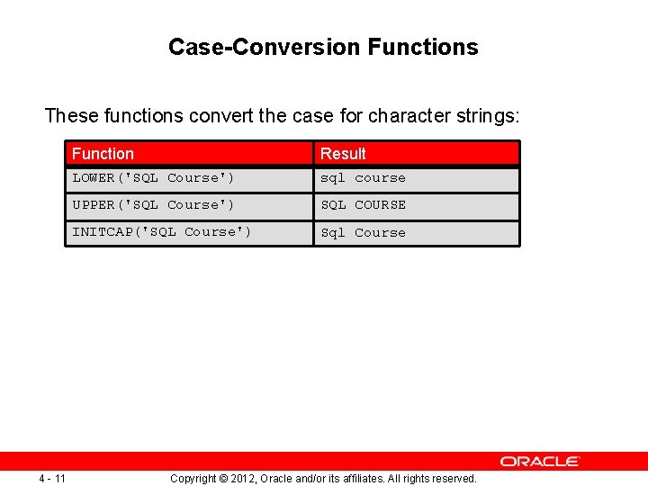 Case-Conversion Functions These functions convert the case for character strings: 4 - 11 Function
