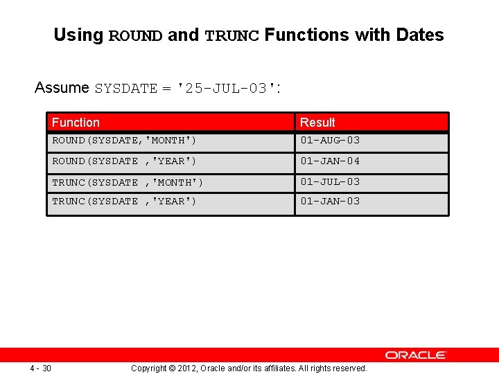 Using ROUND and TRUNC Functions with Dates Assume SYSDATE = '25 -JUL-03': 4 -