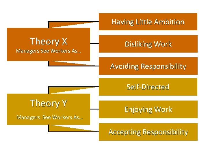 Having Little Ambition Theory X Managers See Workers As… Disliking Work Avoiding Responsibility Self-Directed