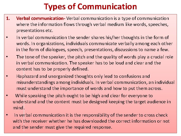 Types of Communication 1. • • • Verbal communication- Verbal communication is a type