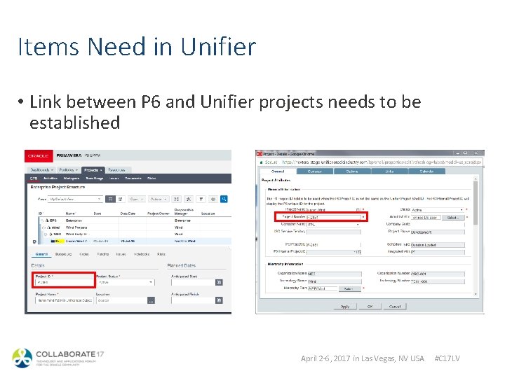 Items Need in Unifier • Link between P 6 and Unifier projects needs to