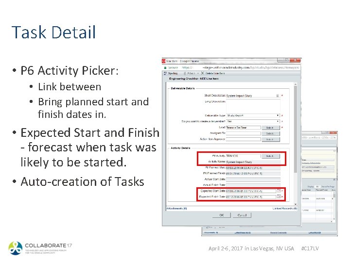 Task Detail • P 6 Activity Picker: • Link between • Bring planned start