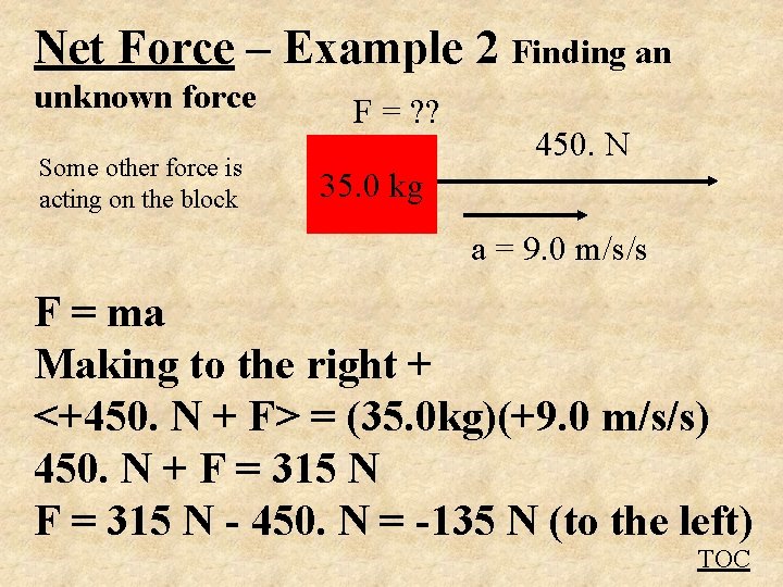 Net Force – Example 2 Finding an unknown force Some other force is acting