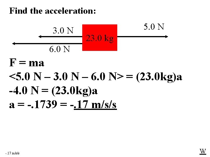 Find the acceleration: 3. 0 N 5. 0 N 23. 0 kg 6. 0