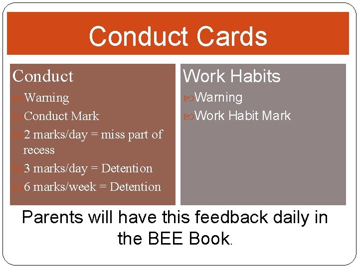 Conduct Cards Conduct Work Habits Warning Conduct Mark Work Habit Mark 2 marks/day =