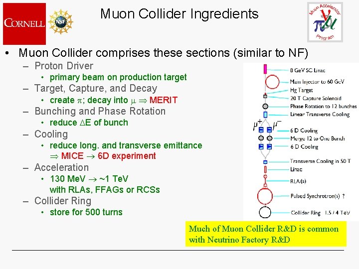 Muon Collider Ingredients • Muon Collider comprises these sections (similar to NF) – Proton