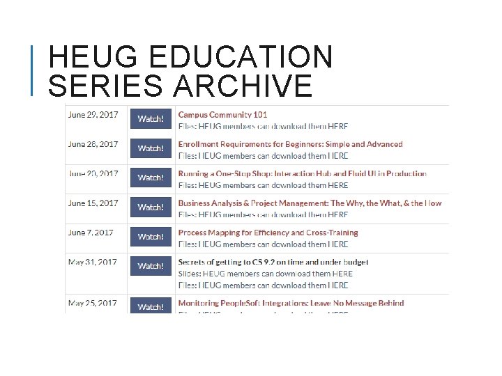 HEUG EDUCATION SERIES ARCHIVE 