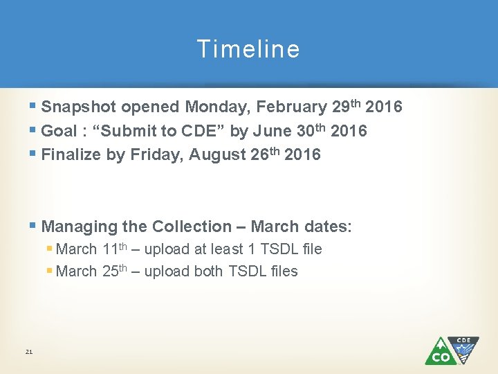 Timeline § Snapshot opened Monday, February 29 th 2016 § Goal : “Submit to