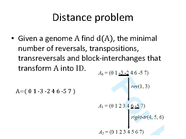 Distance problem • Given a genome A find d(A), the minimal number of reversals,