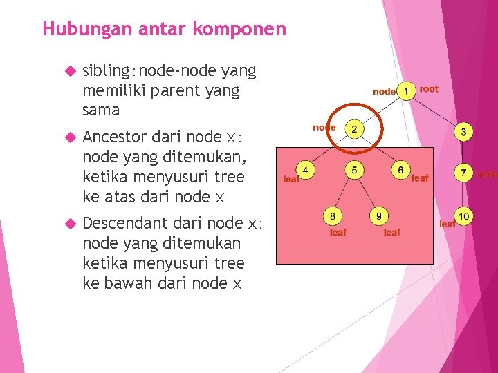 Hubungan antar komponen sibling：node-node yang memiliki parent yang sama Ancestor dari node x： node