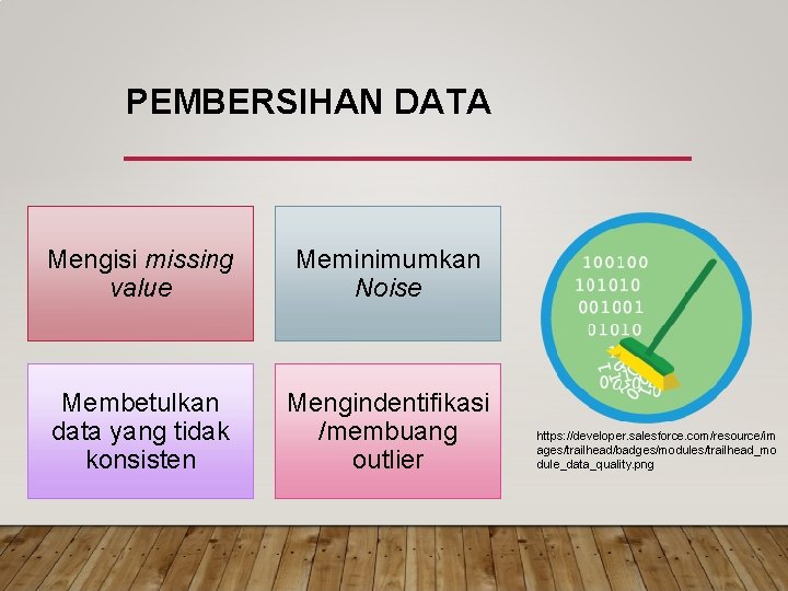 PEMBERSIHAN DATA Mengisi missing value Meminimumkan Noise Membetulkan data yang tidak konsisten Mengindentifikasi /membuang