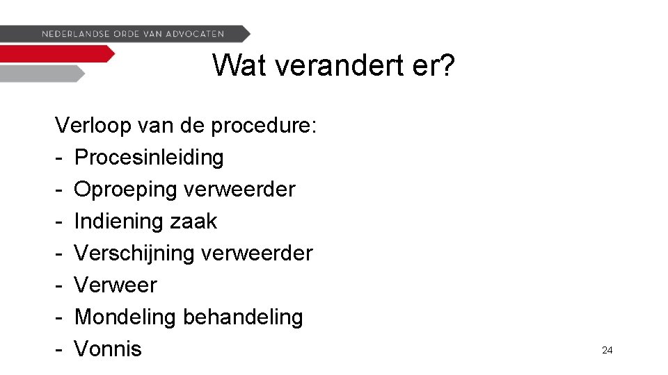 Wat verandert er? Verloop van de procedure: - Procesinleiding - Oproeping verweerder - Indiening