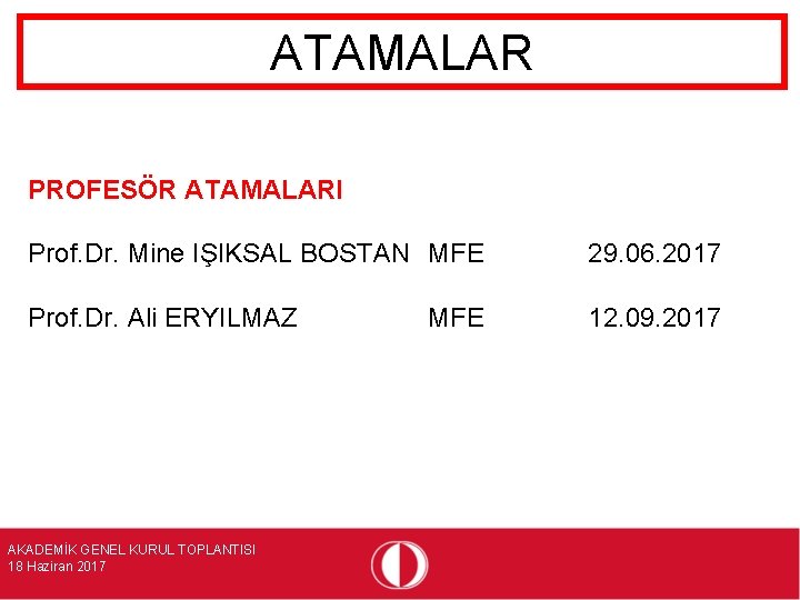 ATAMALAR PROFESÖR ATAMALARI Prof. Dr. Mine IŞIKSAL BOSTAN MFE 29. 06. 2017 Prof. Dr.