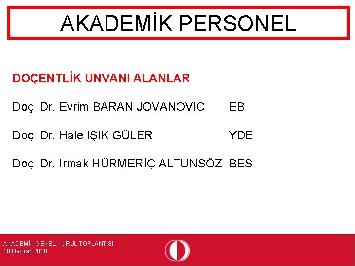 AKADEMİK PERSONEL DOÇENTLİK UNVANI ALANLAR Doç. Dr. Evrim BARAN JOVANOVIC EB Doç. Dr. Hale