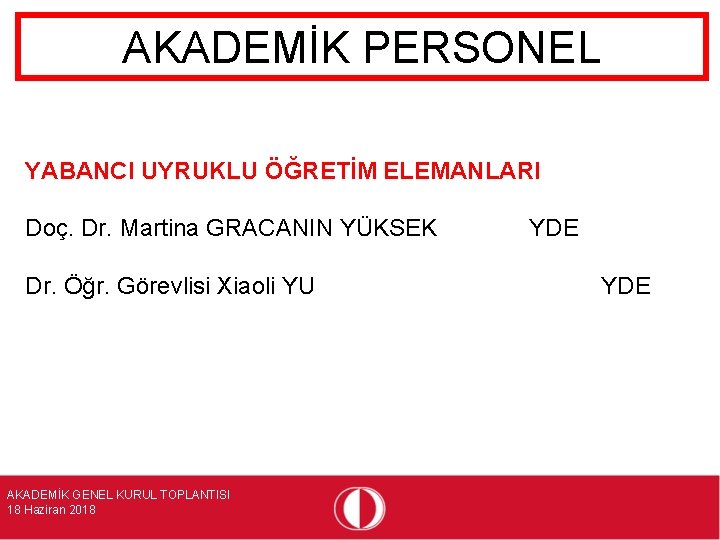 AKADEMİK PERSONEL YABANCI UYRUKLU ÖĞRETİM ELEMANLARI Doç. Dr. Martina GRACANIN YÜKSEK Dr. Öğr. Görevlisi