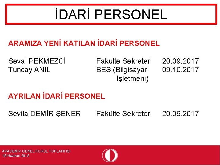 İDARİ PERSONEL ARAMIZA YENİ KATILAN İDARİ PERSONEL Seval PEKMEZCİ Tuncay ANIL Fakülte Sekreteri BES