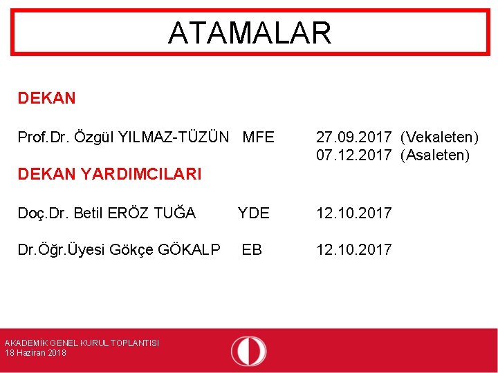 ATAMALAR DEKAN Prof. Dr. Özgül YILMAZ-TÜZÜN MFE 27. 09. 2017 (Vekaleten) 07. 12. 2017