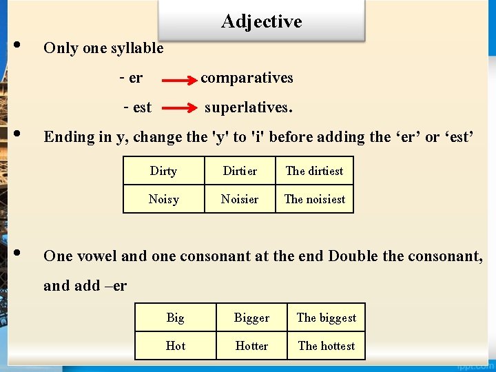 Adjective • Only one syllable - er comparatives - est superlatives. • Ending in