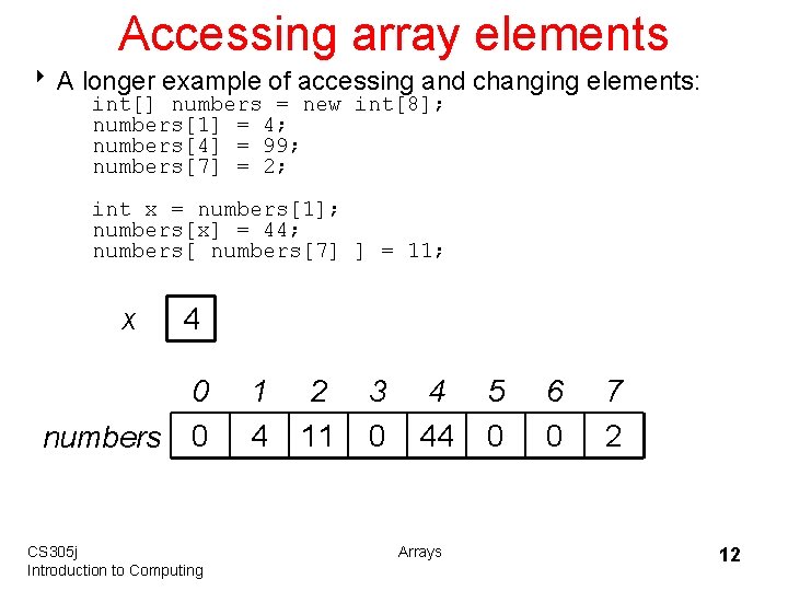 Accessing array elements 8 A longer example of accessing and changing elements: int[] numbers