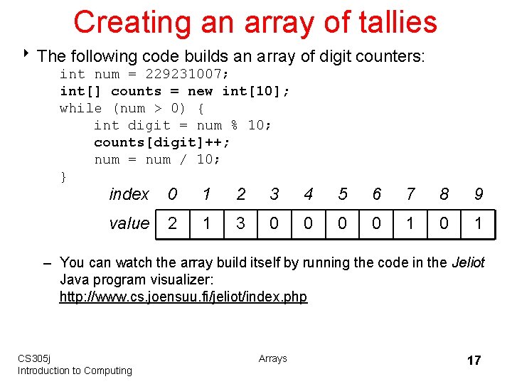 Creating an array of tallies 8 The following code builds an array of digit