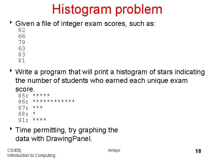 Histogram problem 8 Given a file of integer exam scores, such as: 82 66