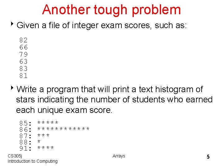 Another tough problem 8 Given a file of integer exam scores, such as: 82