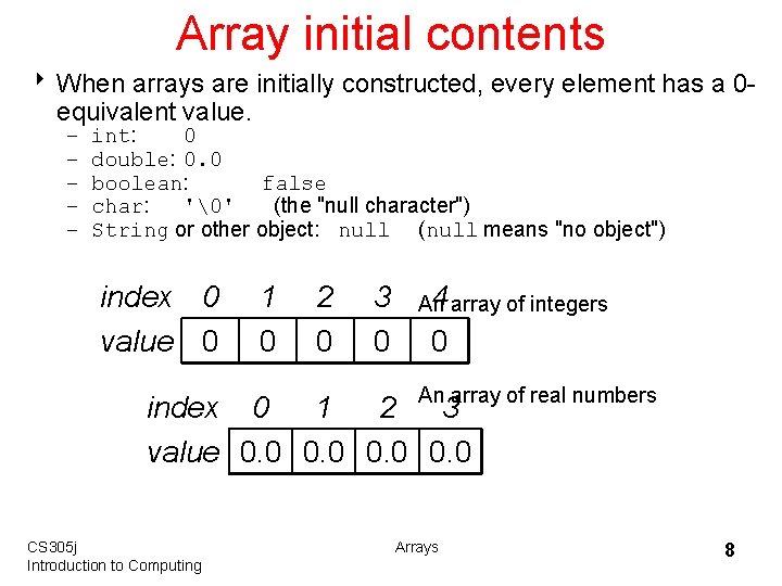 Array initial contents 8 When arrays are initially constructed, every element has a 0