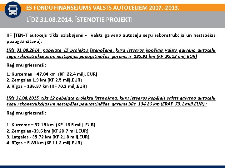 ES FONDU FINANSĒJUMS VALSTS AUTOCEĻIEM 2007. -2013. LĪDZ 31. 08. 2014. ĪSTENOTIE PROJEKTI KF