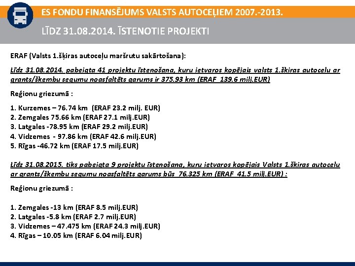 ES FONDU FINANSĒJUMS VALSTS AUTOCEĻIEM 2007. -2013. LĪDZ 31. 08. 2014. ĪSTENOTIE PROJEKTI ERAF