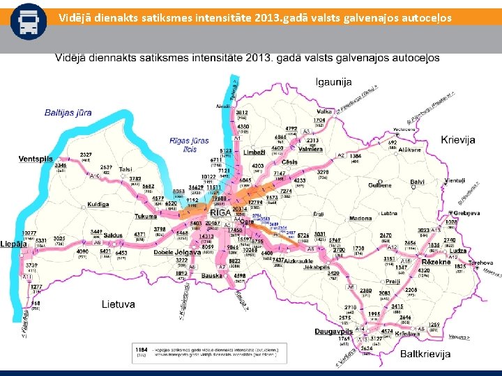 Vidējā dienakts satiksmes intensitāte 2013. gadā valsts galvenajos autoceļos 