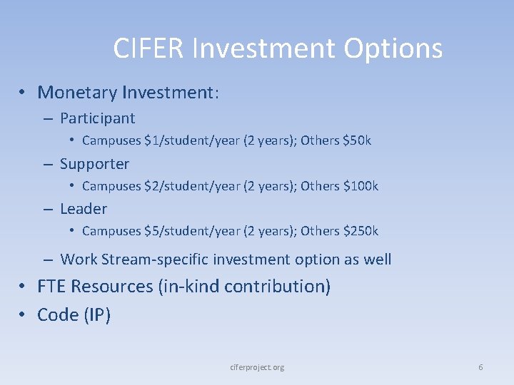 CIFER Investment Options • Monetary Investment: – Participant • Campuses $1/student/year (2 years); Others