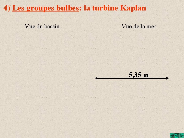 4) Les groupes bulbes: la turbine Kaplan Vue du bassin Vue de la mer