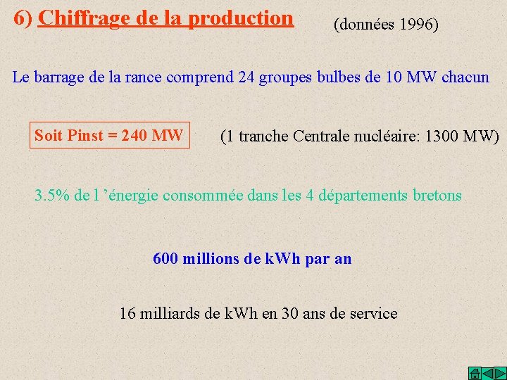 6) Chiffrage de la production (données 1996) Le barrage de la rance comprend 24