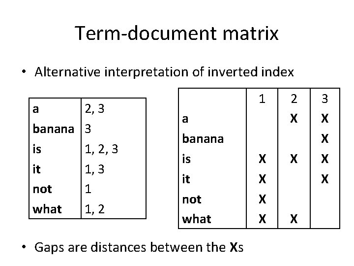 Term-document matrix • Alternative interpretation of inverted index a banana is it not what Term-document matrix • Alternative interpretation of inverted index a banana is it not what