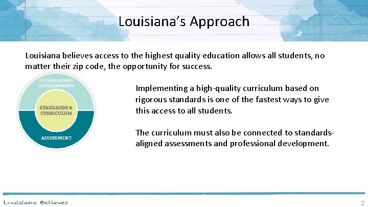 Louisiana’s Approach Louisiana believes access to the highest quality education allows all students, no