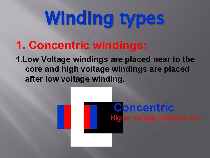 Winding types 1. Concentric windings: 1. Low Voltage windings are placed near to the