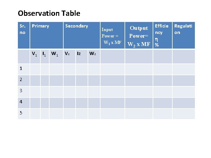 Observation Table Sr. no Primary V 1 1 2 3 4 5 I 1