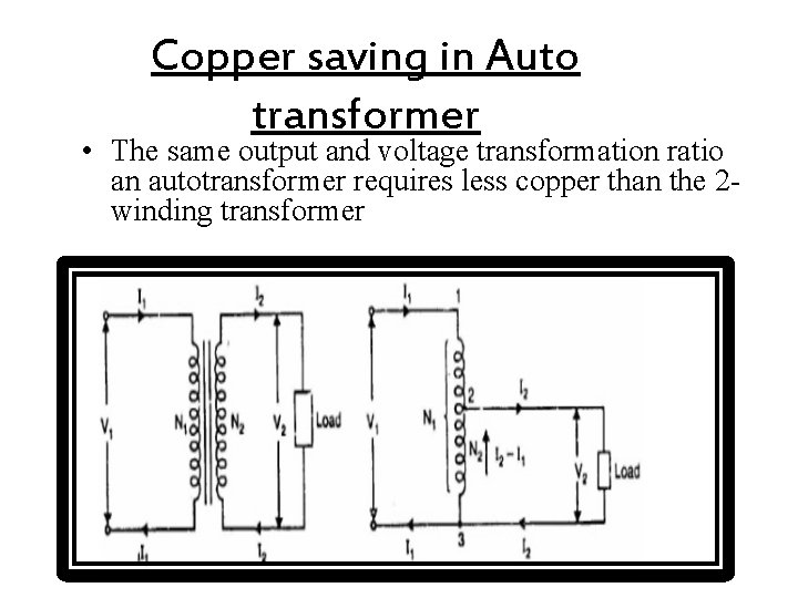 Copper saving in Auto transformer • The same output and voltage transformation ratio an